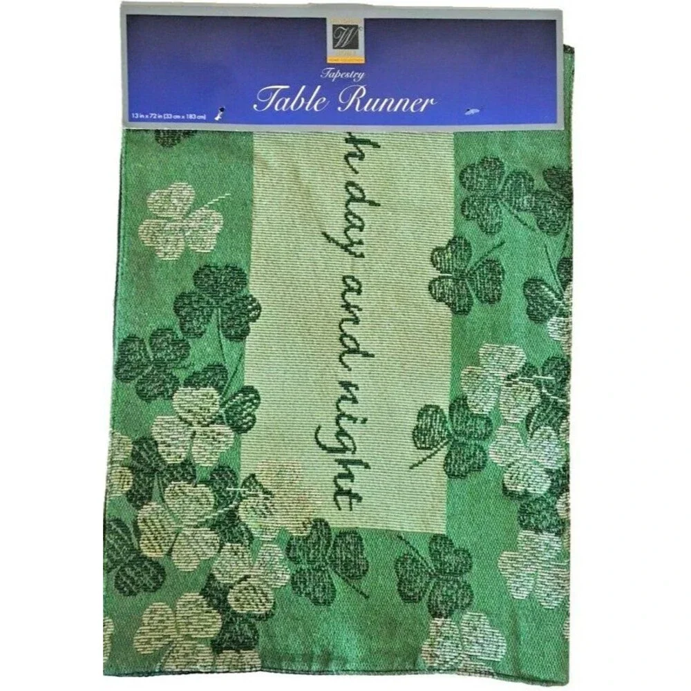 St Patrick's Day Table Runner Good Luck Tapestry Green Shamrocks 13x72